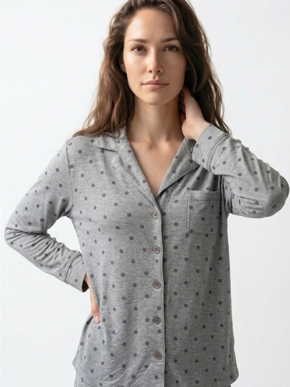 Soma Pajama Shirt Womens Medium Grey Purple Polka Dot Long Sleeve Button Up